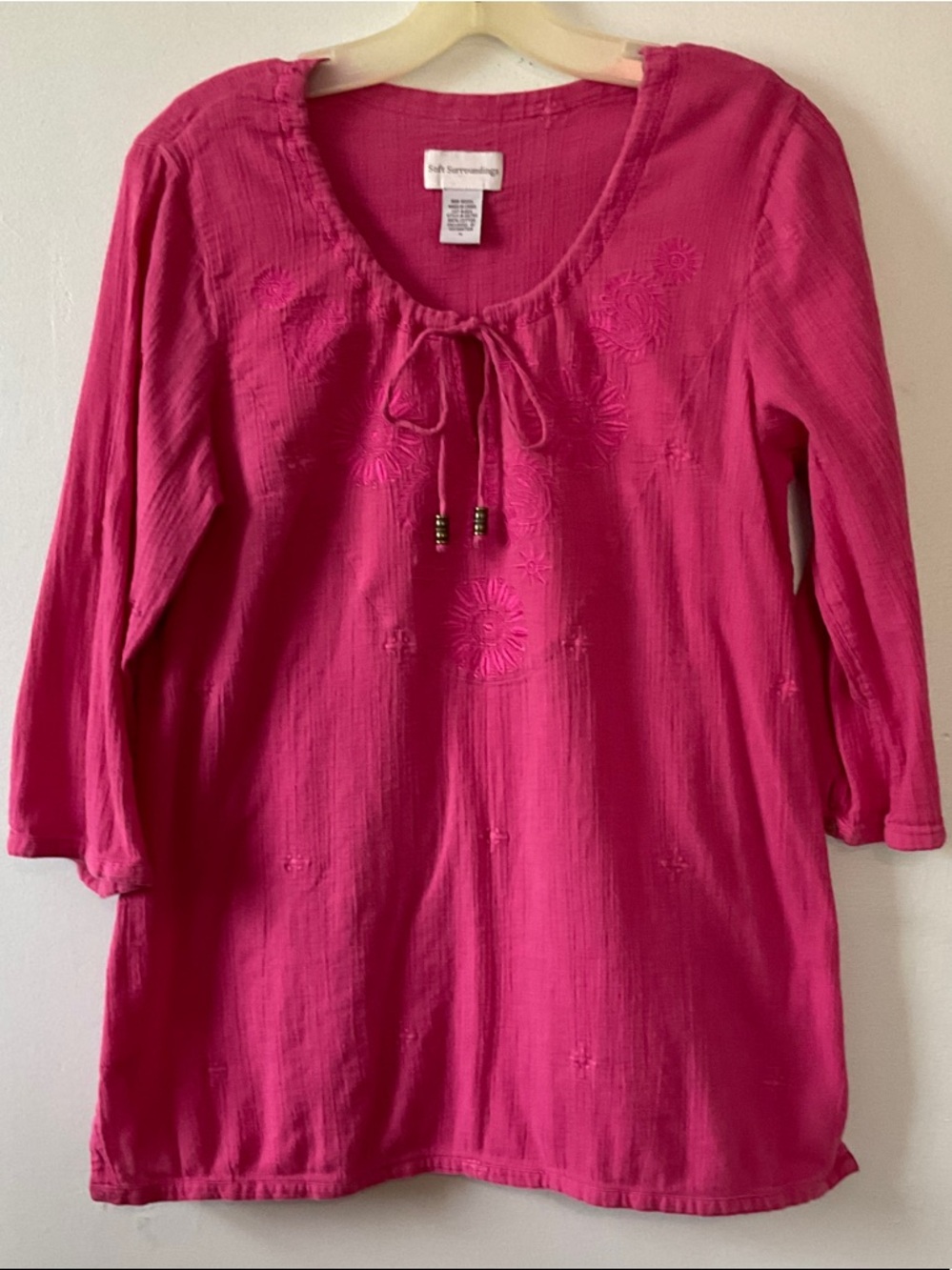 Soft Surroundings Bright Fuchsia Embroidered Tie-Neck Tunic